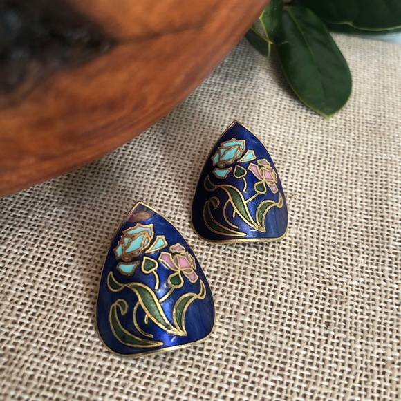 Vintage Jewelry - Vintage Cloisonné Teardrop Shaped Pierced Earrings
